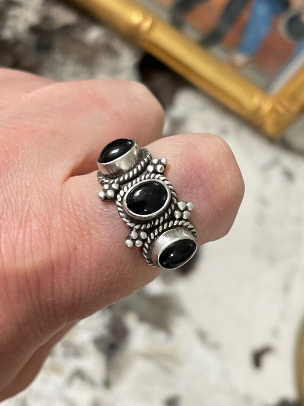 Sterling Silver 925 Southwestern Style Black Onyx Triple Stone Ring Size 7 - Picture 3 of 10